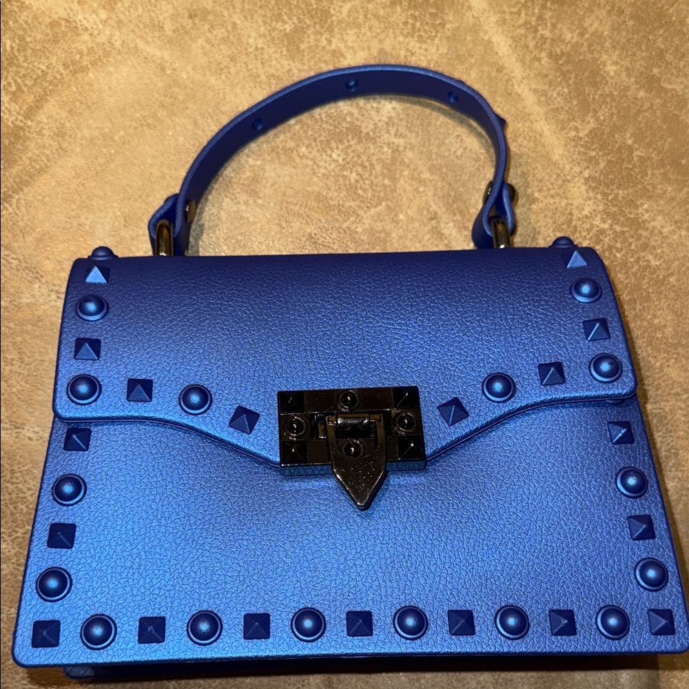 Blue Stud-Trim Structured Top-Handle Bag